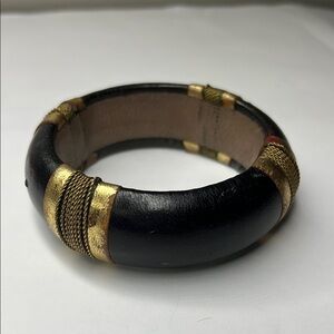 Vintage Black and Gold Leather Copper Brass String Wraparound Bangle